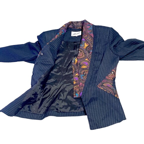 Linda Segal Jacket Womens 10 Pin Stripe Paisley Empire Short Lined Office VTG - Picture 14 of 16